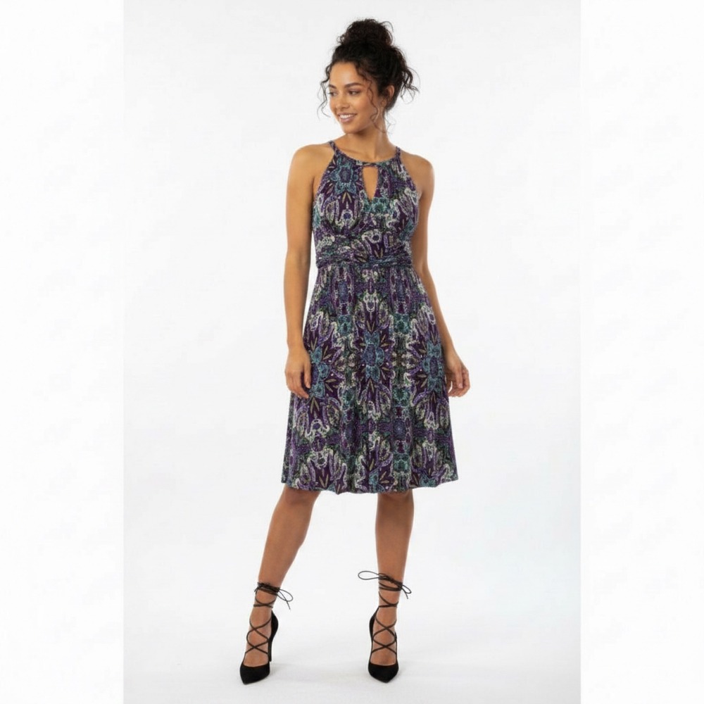 VTG Y2K Boho R&K Originals Purple Paisley Halter Keyhole‎ Midi Dress Size 12